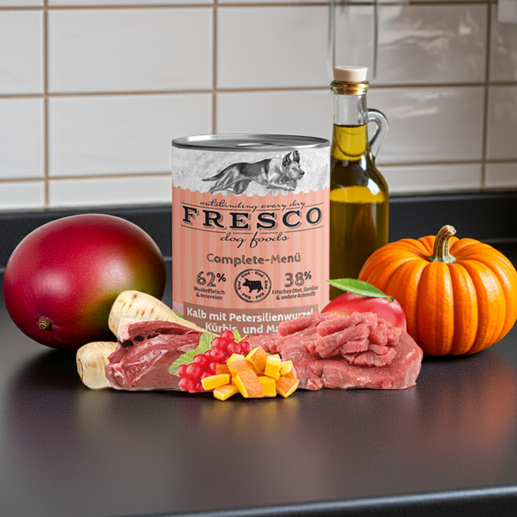 FRESCO Complete-Menü Kalb mit Petersilienwurzel, Mango und Johannisbeere, haltbares BARF, 6x400g