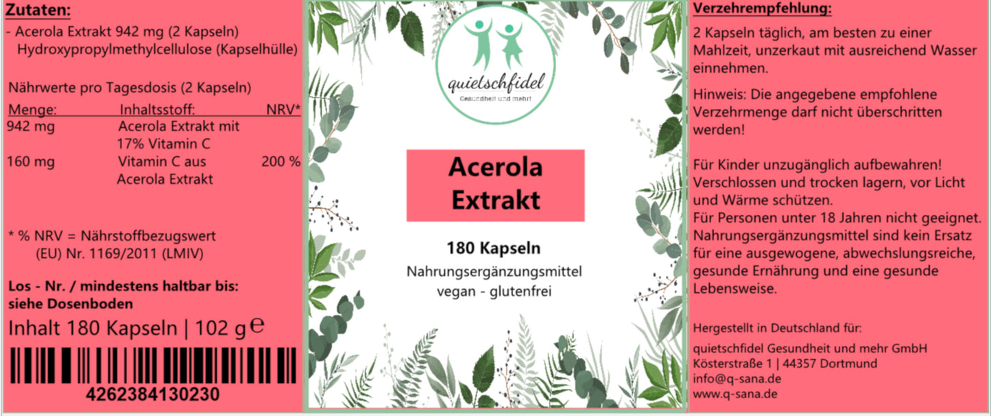 Natürliches Vitamin C - Acerola Extrakt - 942 mg pro Tagesdosis - 180 Kapseln