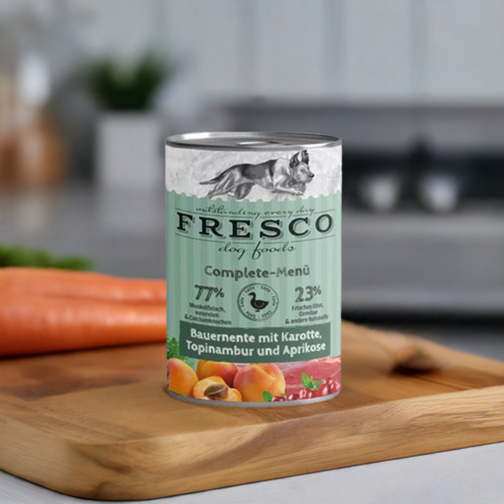 Complete-Menü Bauernente mit Karotten,Topinambur und Aprikose haltbares BARF 1x400g