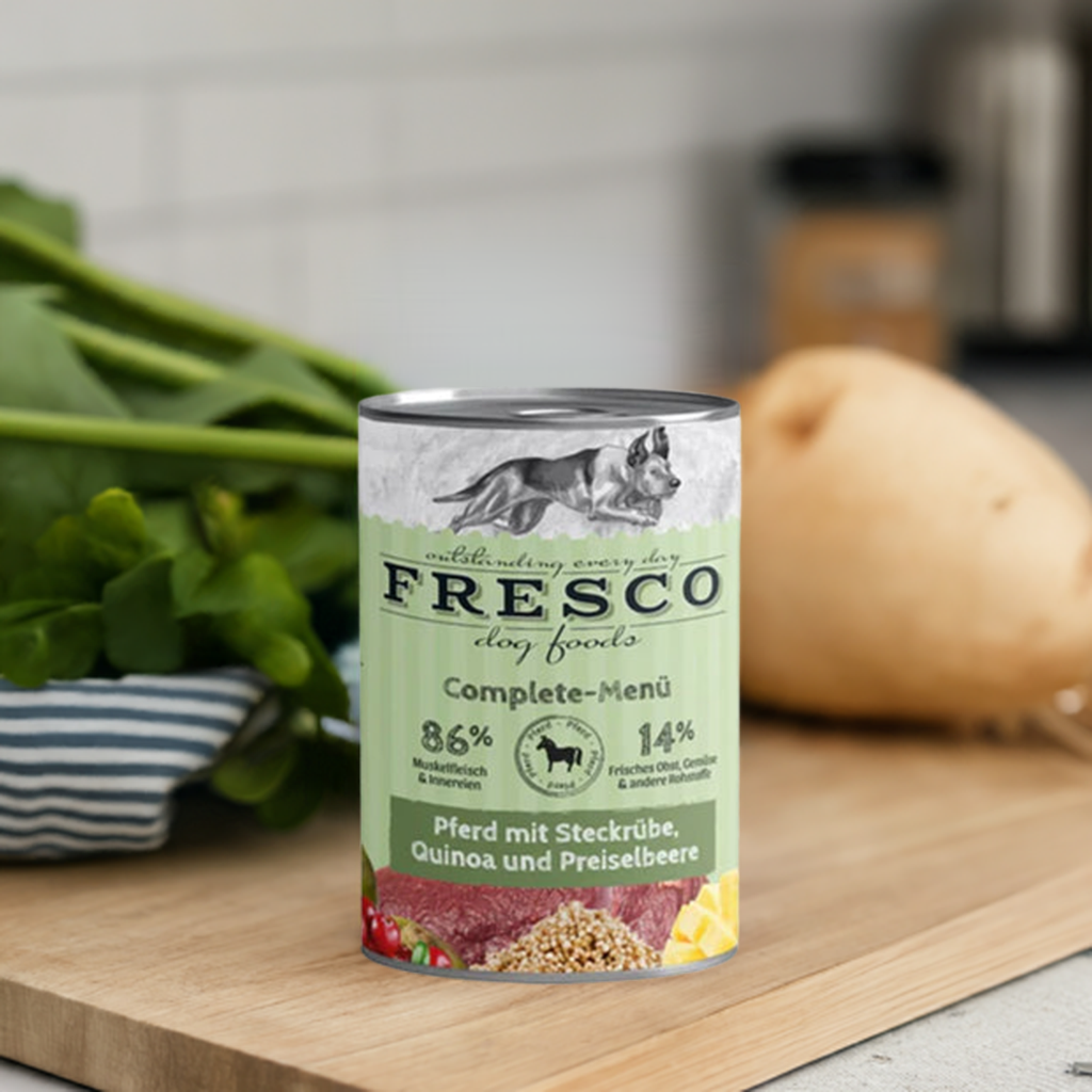 Complete-Menü Pferd mit Steckrübe, Quinoa und Preiselbeeren, haltbares BARF 1x400g