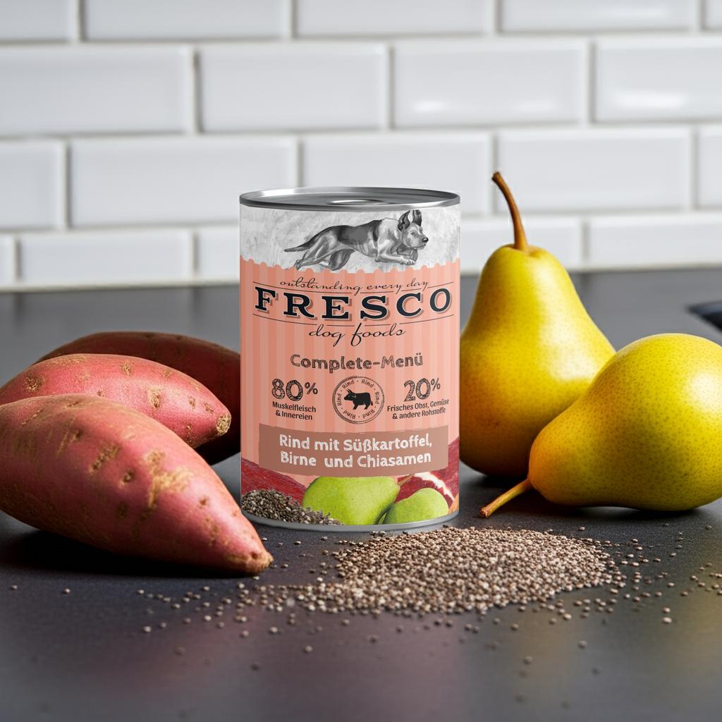 FRESCO - Complete Menü Rind mit Süßkartoffeln, Birne & Chiasamen (haltbares BARF) 1x400g