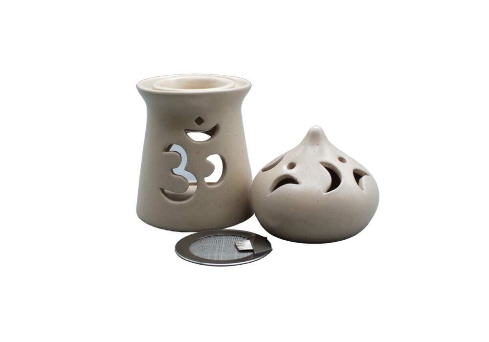 “Om” Räucherstövchen / Aromalampe aus Ton mit Schale und Sieb