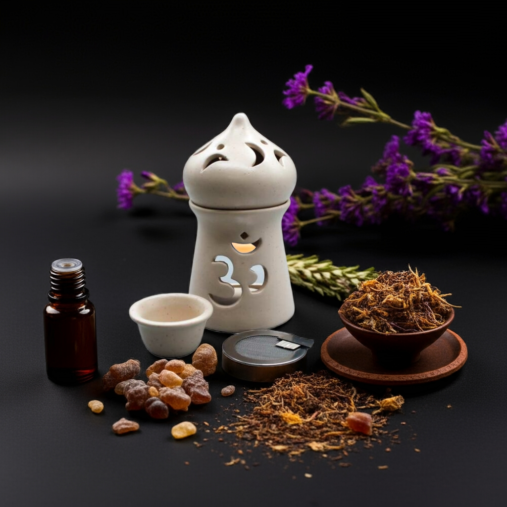 Om - Räucherstövchen - Aromalampe aus Ton mit Schale und Sieb