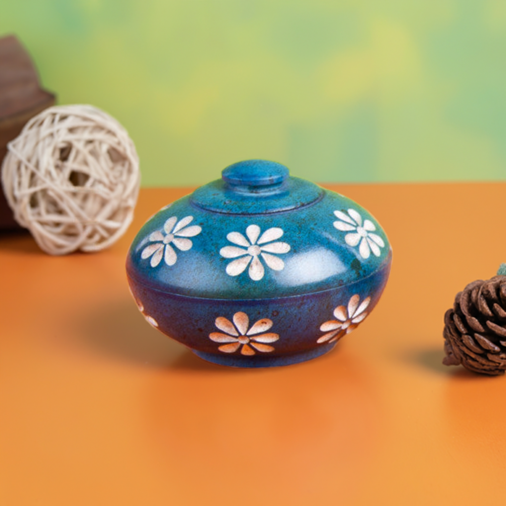 Blumendöschen aus Speckstein für Räucherstäbchen/Kegel „blau”