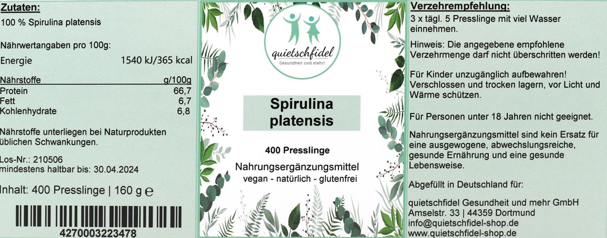Spirulina platensis – 400 Presslinge im Glas