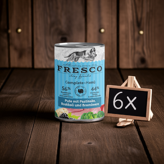 FRESCO - Complete-Menü Pute mit Pastinaken, Brombeeren und Löwenzahn, haltbares BARF, 6x400g