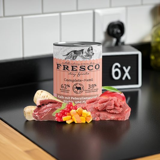 FRESCO Complete-Menü Kalb mit Petersilienwurzel, Mango und Johannisbeere, haltbares BARF, 6x400g