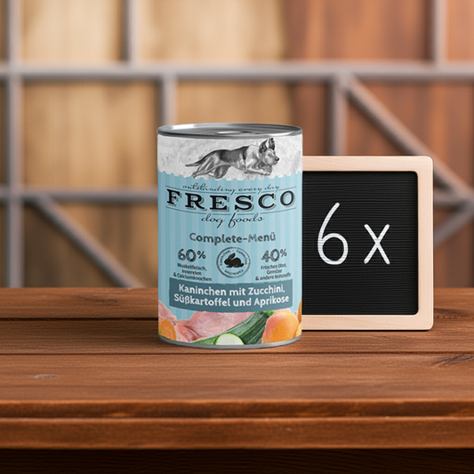 FRESCO Complete-Menü Kaninchen mit Zucchini, Aprikose und Borretsch, haltbares BARF, 6x400g