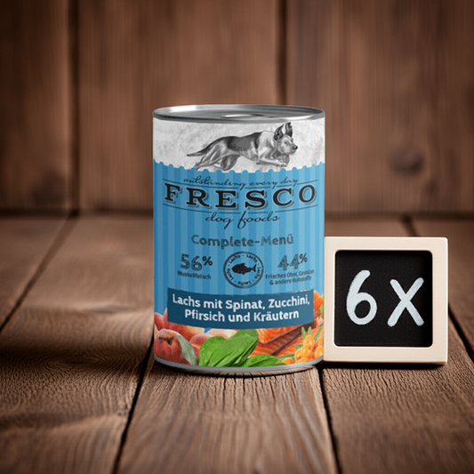 FRESCO Complete-Menü Lachs mit Spinat, Zucchini, Pfirsich und Kräutern, haltbares BARF, 6x400g