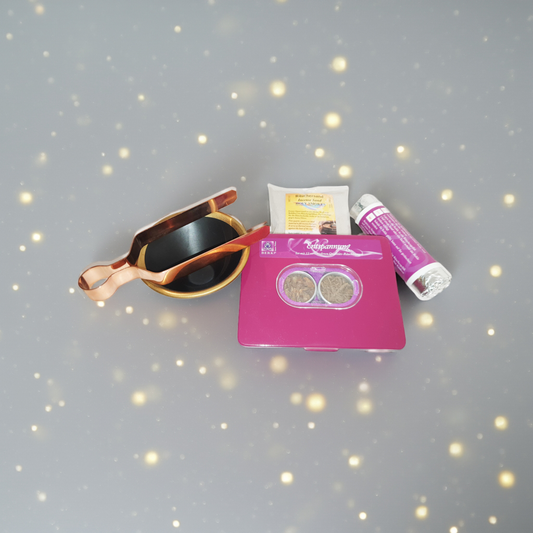 5tlg. Räucherset Entspannung mit Räucherschale schwarz/gold Keramik Starterpaket Räucherwerk von Berk Kohle Zange